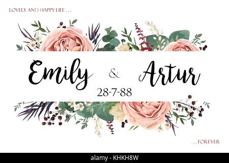 Inviter mariage invitation enregistrer la carte date de conception de style aquarelle fleurs : rose antique rose lavande jardin eucalyptus feuille d'agonis, herb berry fram Illustration de Vecteur