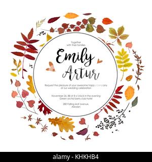 Automne Automne mariage invitation inviter aquarelle floral design carte orange brun-jaune avec des feuilles d'arbres les herbes rouges rondes naturelles wreat Illustration de Vecteur