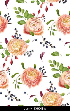 Seamless vector modèle floral de rose rose ranunculus fleurs, verdure, fern leaf Blue berry. hand drawn background en style aquarelle, botanique. Illustration de Vecteur