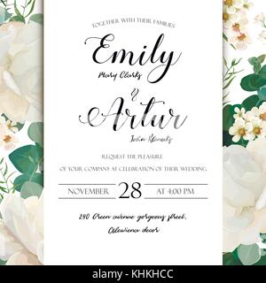 Invitation de mariage floral enregistrer la carte date d'inviter vecteur conception élégante carte : Fleur de jardin pivoine rose blanc vert cire blanche offres eucalyptus mignon Illustration de Vecteur