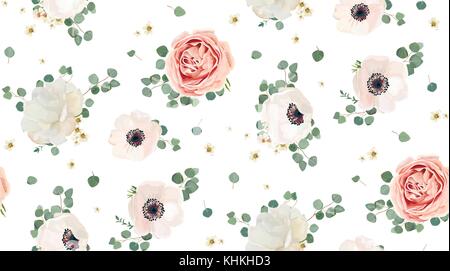 Motif floral seamless vector design : aquarelle jardin rose, pivoine blanche rose poudre anemone flower silver branche d'eucalyptus thym fleurs vert cire Illustration de Vecteur