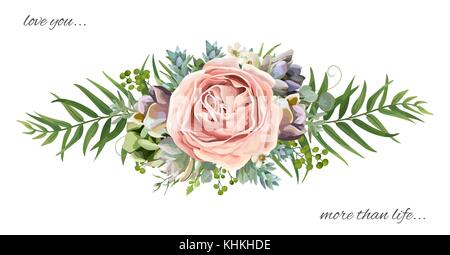 Bouquet floral vector design : jardin rose pêche rose lavande fleur de cire, branche d'eucalyptus fougère vert feuilles de palmiers, succulentes berry en vecteur de mariage. Illustration de Vecteur