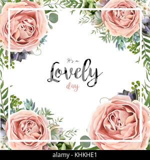 Floral frame carte vectorielle avec jardin design bouquet rose pêche rose lavande fleur de cire verte branche d'eucalyptus feuilles de palmier fougère succulentes berry illus Illustration de Vecteur