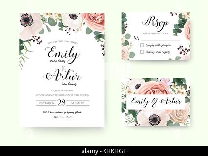 Invitation de mariage inviter floral mignon vecteur rsvp carte dessins ensemble : lavande jardin rose pêche rose white anemone vert cire feuilles de thym eucalyptus ro Illustration de Vecteur