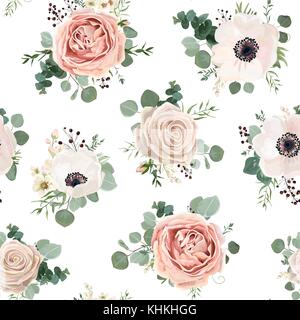 Motif floral seamless vector design style aquarelle : poudre rose blanc jardin anemone flower silver branche d'eucalyptus thym vert fleurs vert cire Illustration de Vecteur