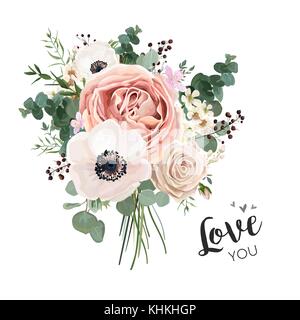 Bouquet de fleurs bouquet de fleurs, vector boho objet design, élément. peach rose pâle, crémeux de pavot fleurs anémone rose, eucalyptus rustique mélange berry Illustration de Vecteur