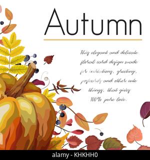 Carte de style aquarelle floral vector design automne : l'automne coloré citrouille jaune orange rouge marron forêt herbe feuilles fond baies naturelles salue. Illustration de Vecteur