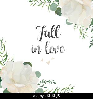 Carte floral vector design élégant avec un jardin rose blanche fleur de pivoine fleurs riz crémeux, vert, argent feuille d'eucalyptus, d'herbes verdure délicate bouq Illustration de Vecteur