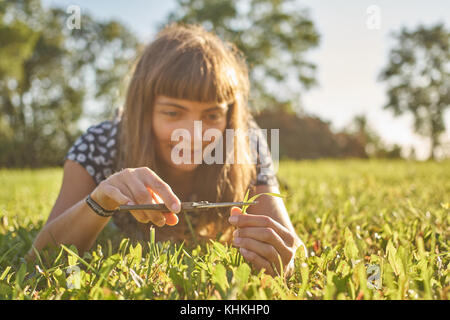 Girl couper l'herbe dans un jardin avec des ciseaux sur un après-midi ensoleillé. Banque D'Images
