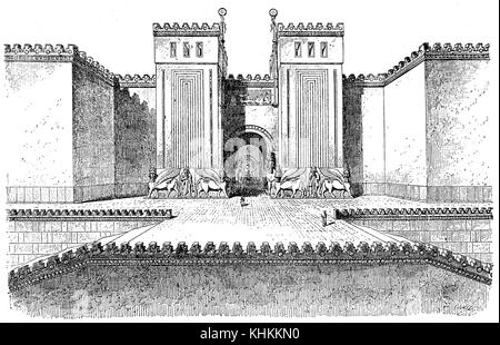 Reconstruction du palais d'Ashurnasirpal à Nimrud, ville assyrienne de Kahhu, construit en 865 av. J.-C. décoré de bas-reliefs représentant des créatures fantastiques. Banque D'Images