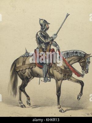 Une lithographie couleur qui représente un soldat espagnol tel qu'il serait apparu en 1508, il porte un ensemble d'armures corporelles qui ne laisse que ses cuisses exposées, il porte un long fusil comme arme, son pantalon est rouge et jaune et l'équipement d'équitation pour le cheval est noir et rouge, le cheval a une armure de plaque sur son cou et la tête, 1861. De la Bibliothèque publique de New York. Banque D'Images