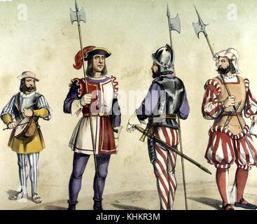 Une lithographie couleur représentant quatre classes différentes de soldats telles qu'elles apparaîtraient en 1496, les trois soldats de gauche sont espagnols, le soldat de gauche joue du kettledrum et porte une armure de poitrine, le deuxième soldat portant une tunique rouge et blanche est un garde, le troisième soldat est un Beefeater chargé de garder le roi sur l'une de ses expéditions, le soldat de droite est un mercenaire allemand qui aurait combattu pour les Espagnols à cette époque, 1861. De la Bibliothèque publique de New York. Banque D'Images