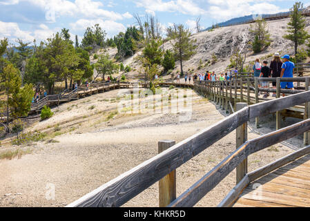 Le parc national de Yellowstone, Wyoming, USA - Le 17 juillet 2017 : les touristes en promenade à mammoth hot springs terrasses. Le parc de Yellowstone, États-Unis Banque D'Images