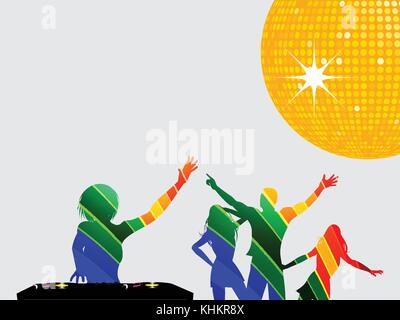 Silhouettes de femmes multicolores avec dj deck records et la danse les personnes de plus de fond gris avec boule disco jaune Illustration de Vecteur