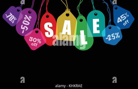Vente de mots sur des étiquettes de prix de couleur avec divers liage ficelle sur fond noir Illustration de Vecteur