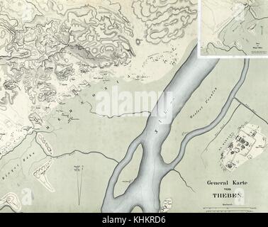 Lithographie couleur de la Thèbes, une ancienne ville égyptienne située à l'Est du Nil, à environ 800 kilomètres (500 mi) au sud de la Méditerranée, intitulé General Karte von Theben, par C Monecke, cartographe et lithographe, Egypte, 1852. À partir de la Bibliothèque publique de New York. Banque D'Images