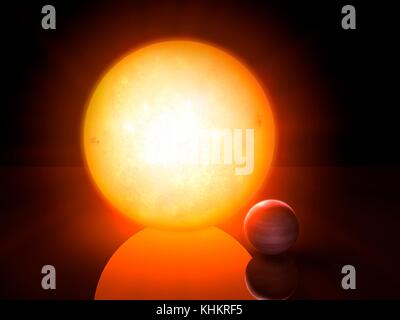 NGTS-1 red dwarf (centre) et sa planète (en bas à droite), de l'illustration. L'Enquête sur les transports en commun de nouvelle génération (NGTS) est située dans le désert d'Atacama au Chili, avec l'objectif de localiser les planètes extrasolaires avec masses et dimensions entre ceux de la Terre et de Neptune. L'une des découvertes est NGTS-1, une étoile naine rouge environ la moitié du diamètre du Soleil. Il a été trouvé pour héberger une planète géante de gaz près d'un quart de sa taille, ce qui en fait la plus grande planète connue par rapport à son étoile. Banque D'Images