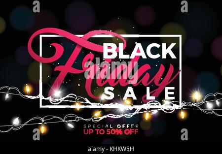 Le vendredi noir vente vector illustration avec l'éclairage garland sur fond noir. modèle de conception de la promotion de la bannière ou de l'affiche. Illustration de Vecteur