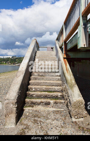 Escaliers en béton recouvert de moules, a révélé à marée basse. redondon beach boardwalk, des moines, Washington, États-Unis Banque D'Images
