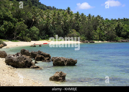 Les rochers et les palmiers sur la plage tropicale de l'île d'Efate, Vanuatu Banque D'Images