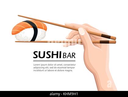 Baguettes holding sushi roll. concept de snack, susi, exotique, nutrition, restaurant sushi, fruits de mer. isolé sur fond blanc. logotype moderne des Illustration de Vecteur