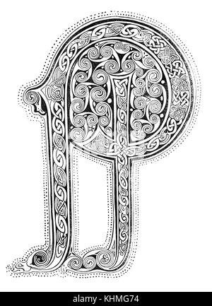 Une lettre 'P' du type de la calligraphie qui a été dessiné et peint par les moines anglo-saxons en 8e siècle anglais allumé manuscrits monastique. Banque D'Images