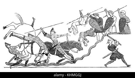 Une scène des combats entre les Normands du Roi Williiam I et le roi Harold's Anglo saxon armée durant la bataille de Hastings en 1066. À partir de la Tapisserie de Bayeux Banque D'Images