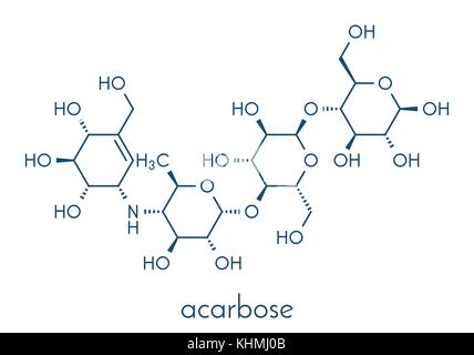 Le diabète l'acarbose molécule pharmaceutique. bloque la digestion des glucides en inhibant les enzymes alpha-glucosidase. formule topologique. Illustration de Vecteur