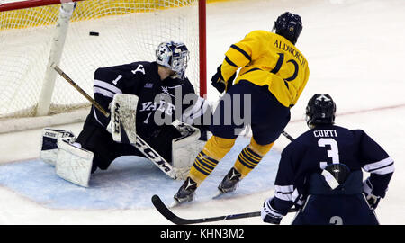 Hamden, Connecticut, USA. 18 Nov, 2017. 18 novembre 2017 - Hamden, Connecticut - # 12 Quinnipiac THOMAS ALDWORTH scores sur le gardien # 1 Yale SAM TUCKER au cours de la troisième période de l'année 16ème héros Hat jeu en l'honneur de ceux qui ont risqué ou perdu leur vie dans les attaques terroristes du 11 septembre 2001. # 3 Yale est CHARLIE CURTIE. Quinnipiac a gagné 3-0. Credit : Stan Godlewski/ZUMA/Alamy Fil Live News Banque D'Images