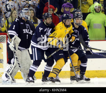 Hamden, Connecticut, USA. 18 Nov, 2017. 18 novembre 2017 - Hamden, Connecticut - Yale gardien # 1 SAM TUCKER, # 2ADAM LARKIN et # 3 CHARLIE CURTIE Quinniupiac surround # 10KEVIN DUANE pendant la première période de la 16ème héros annuel Hat jeu en l'honneur de ceux qui ont risqué ou perdu leur vie dans les attaques terroristes du 11 septembre 2001. Wwent Quinnipiac sur pour gagner 3-0. Credit : Stan Godlewski/ZUMA/Alamy Fil Live News Banque D'Images