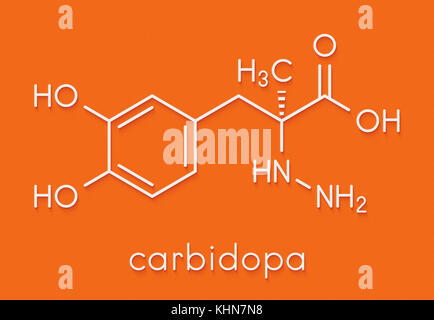 Carbidopa parkinson médicament. empêche la ventilation périphérique de la lévodopa, permettant ainsi à plus de la l-dopa pour atteindre le cerveau. formule topologique. Banque D'Images