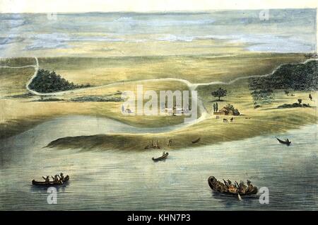 Chicago en 1820, lithographie couleur des autochtones américains approche d'une petite colonie sur des canoës, des chevaux et le pâturage sur les pentes, Chicago, Illinois, 1857. à partir de la bibliothèque publique de new york. Banque D'Images