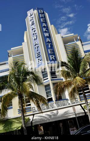 Breakwater Hotel Art déco et design construction face à South Beach, Miami, Floride, USA. Banque D'Images