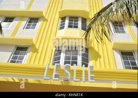 Bâtiment de l'hôtel Art déco Leslie et conception face à South Beach, Miami, Floride, USA. Banque D'Images