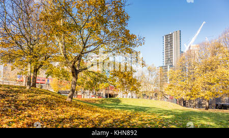 Vauxhall, Londres ; 17 novembre 2017 ; Vauxhall Jardins d'agrément, de l'automne. Brun Jaune et les feuilles des arbres et la masse. Journée sans nuages lumineux. Banque D'Images