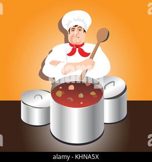 Chef prépare de la soupe dans la casserole, illustration, vector Illustration de Vecteur