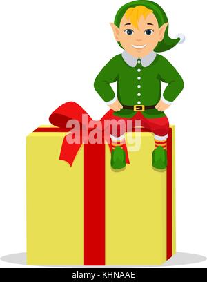 Vector cartoon cute elf assis sur une boîte avec don Illustration de Vecteur