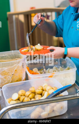 L'école d'avant garde pour les jeunes enfants : une femme éducatrice servant de la nourriture (viande et vegetabes) pour le déjeuner à l'heure du dîner dans une crèche maternelle dans le pays de Galles UK Banque D'Images