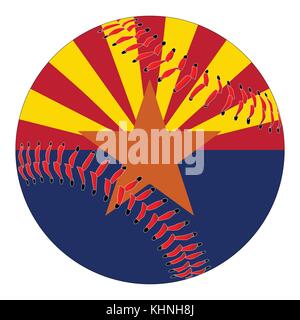 Un nouveau livre blanc au baseball avec surpiqûres rouges avec le drapeau de l'état de l'Arizona isolé sur fond blanc Illustration de Vecteur