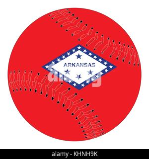 Un nouveau livre blanc au baseball avec surpiqûres rouges avec le drapeau de l'Arkansas isolé sur fond blanc Illustration de Vecteur