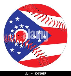 Un nouveau livre blanc au baseball avec surpiqûres rouges avec le drapeau de l'état de l'Ohio isolé sur fond blanc Illustration de Vecteur