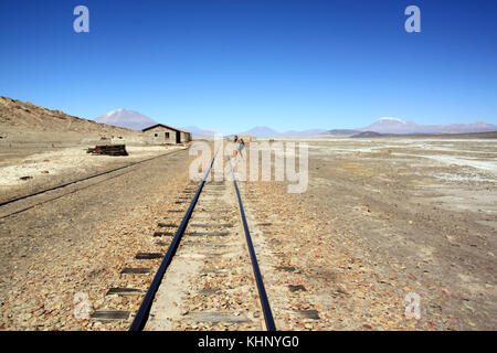 Backpacker sur le chemin de fer dans la région de désert près de Uyuni en Bolivie Banque D'Images