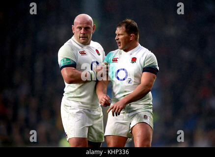 DaN Cole (à gauche) et Dylan Hartley (à droite) pendant l'automne International au stade de Twickenham, Londres. Banque D'Images