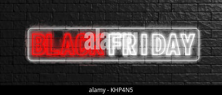 Concept Vendredi noir. L'inscription en rouge et blanc des lettres de néon noir sur fond de murs en pierre. 3d illustration Banque D'Images