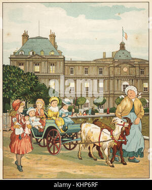 Les enfants de l'époque victorienne dans un chariot tiré par des chèvres dans les jardins du Luxembourg, Paris, France. Le bloc de couleur après une illustration par Thomas Crane et Ellen Houghton de l'étranger, Marcus Ward, Londres, 1882. Banque D'Images