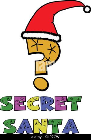 Un cartoon style graphique d'un question mark wearing a santa hat pour annoncer un secret santa. Illustration de Vecteur