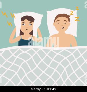 Le ronflement homme au lit avec une femme en colère réveiller. des troubles du sommeil. mode de vie malsain. Illustration de Vecteur