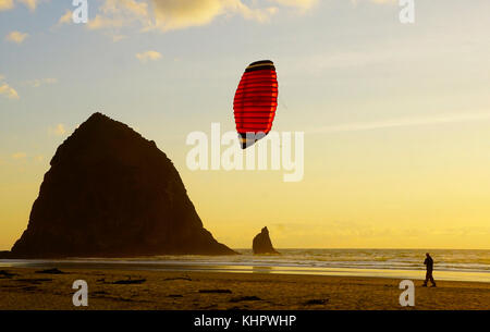 Kite flier at cannon beach, haystack rock pile avec la mer en arrière-plan. Banque D'Images