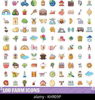 100 icons set ferme, style cartoon Illustration de Vecteur