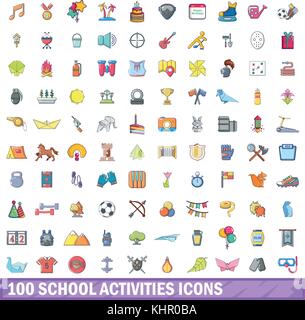 100 activités de l'école, cartoon style icons set Illustration de Vecteur